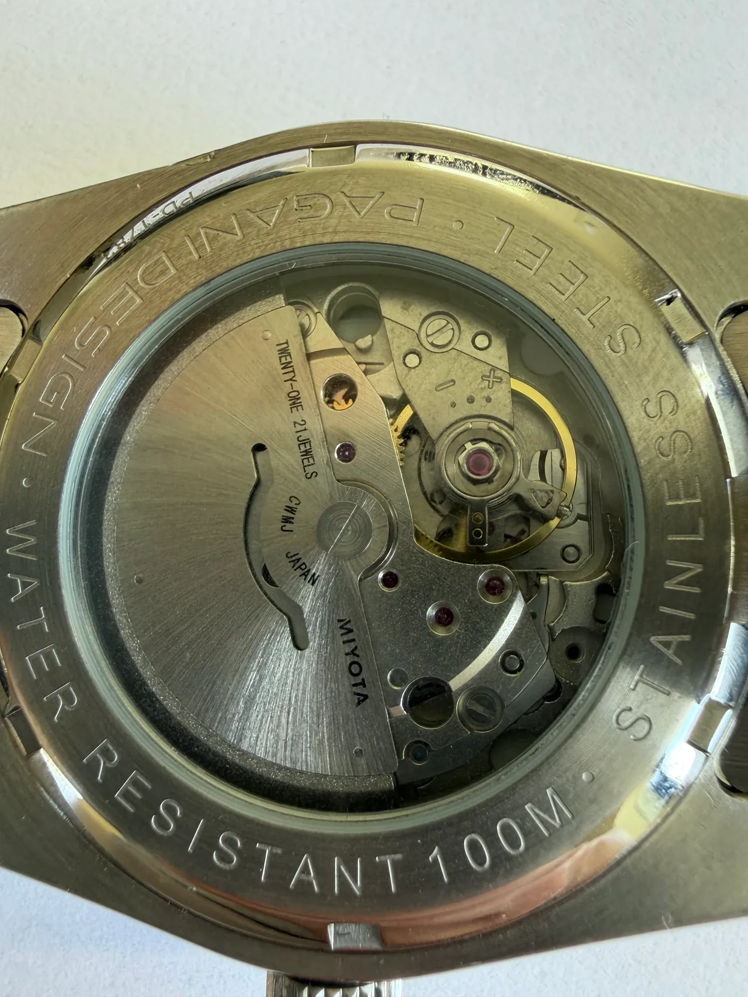 The exhibition caseback showing the Miyota automatic movement.
