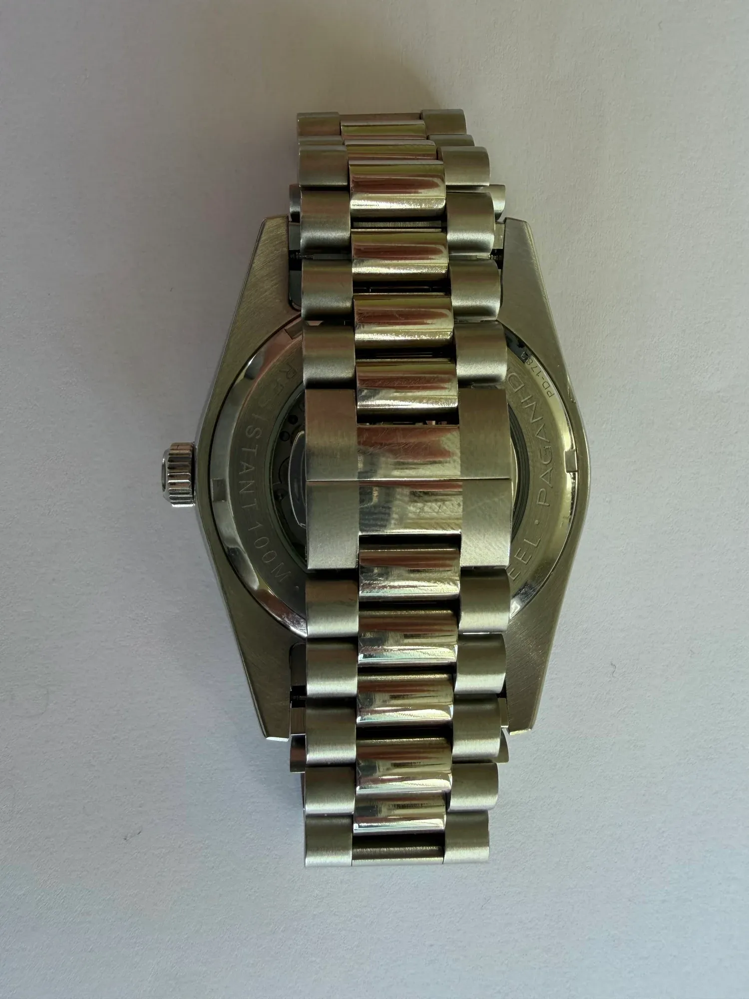 The Presidential-style bracelet with the hidden deployant clasp closed.